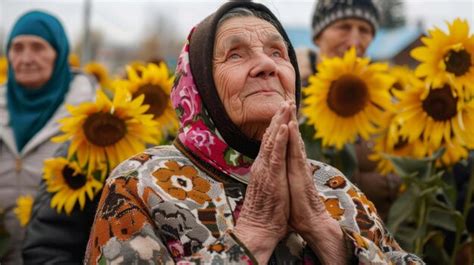 Ukrainian woman in a field of sunflowers with hands in prayer looking up to the sky